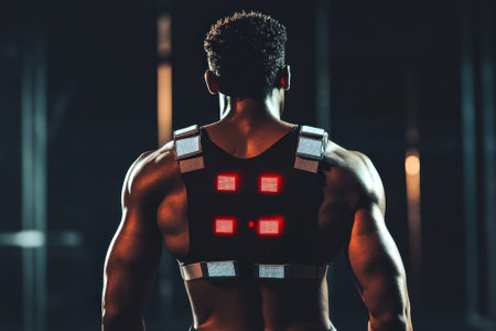 Muscular athlete engages in intense workout while wearing smart technology in a dimly lit gym.の写真素材