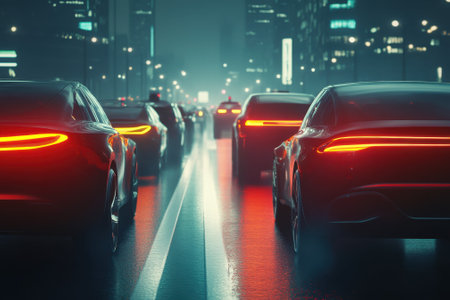 Cars lined up on a bustling city street, their red lights glowing against the rain-soaked pavement.の写真素材