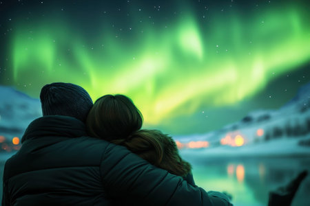 A couple embraces while admiring vibrant northern lights dancing above a tranquil winter lake.の写真素材