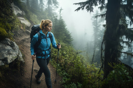 A woman hikes along a rugged trail, surrounded by misty trees and dense underbrush in the early morning.の写真素材