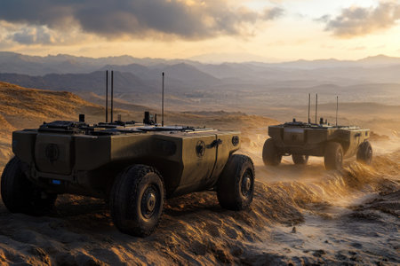 Two unmanned ground vehicles traverse a dusty landscape under a dramatic sunset, showcasing military technology.の写真素材
