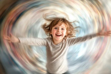 A happy child spins with arms wide open, laughing joyfully against a vibrant, swirling backdrop.の写真素材