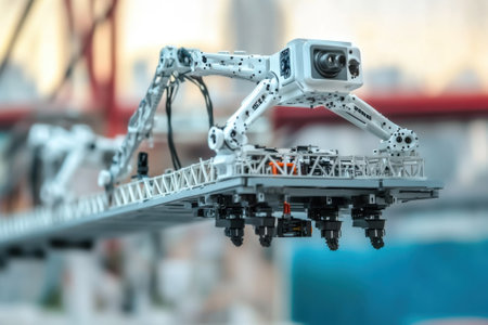 A sophisticated robotic arm equipped with a camera is positioned actively over a construction site at dusk.の写真素材