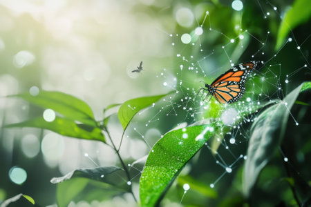 A butterfly with orange and black wings sits on a green leaf while particles swirl around it in nature.の写真素材