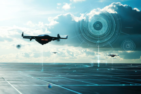 Drones navigate a high-tech terrain at dusk, enhanced by holographic interfaces and cloud formations.の写真素材