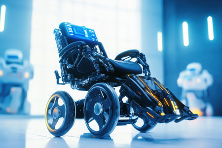 A high-tech robotic wheelchair stands in an advanced technology environment, highlighting innovation and accessibility.の写真素材