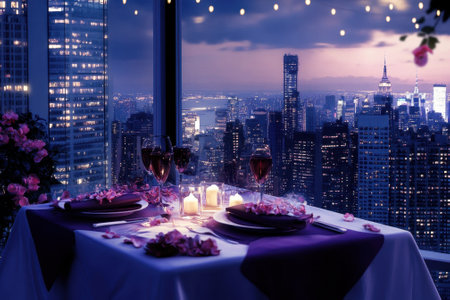 A beautifully set table for two overlooking a city skyline at dusk, adorned with candles and wine.の写真素材