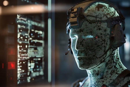 A humanoid robot features digital displays and high-tech equipment, suggesting futuristic technology usage.の写真素材