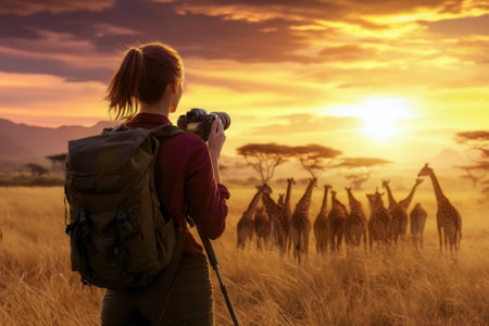 A woman photographs a group of giraffes against a vibrant sunset in the African savanna.の写真素材