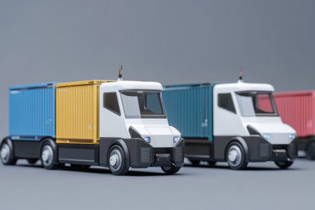 Three model trucks displaying different colored containers are arranged against a gray backdrop showcasing their design.の写真素材