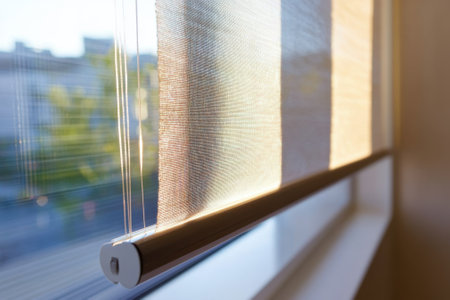 Soft natural light streams through a sheer window blind, illuminating the room with a warm glow.の写真素材