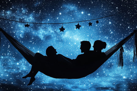 Three friends enjoy a calm evening in a hammock, surrounded by a beautiful starry night sky.の写真素材