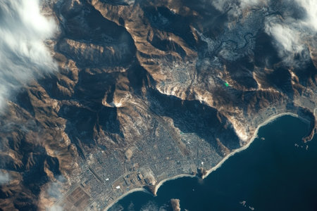 Aerial view of rugged mountains, a vibrant city, and a stunning coastline merging nature with urban life.の写真素材