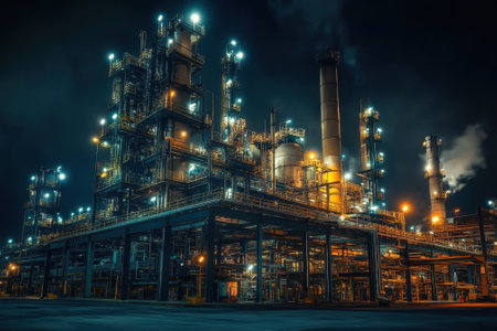 A massive industrial complex is illuminated at night, showing towering structures and smoke stacks emitting steam.の写真素材