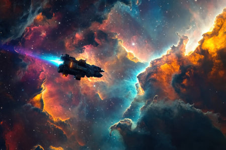 A futuristic spaceship travels through a colorful nebula filled with swirling gases and stars during night.の写真素材