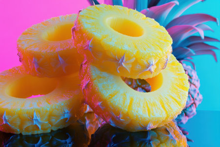 Four fresh pineapple slices are stacked on a reflective surface with a vivid, colorful background.の写真素材