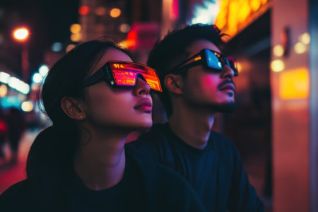 Two individuals gaze upward at vibrant city lights while wearing reflective sunglasses on a busy street.の写真素材