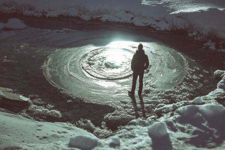 A person stands on a frozen river observing intricate circular ice patterns under bright sunlight.の写真素材