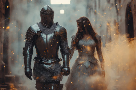 A man in armor and a woman in a dress stroll hand in hand through a foggy castle with glowing embers.の写真素材