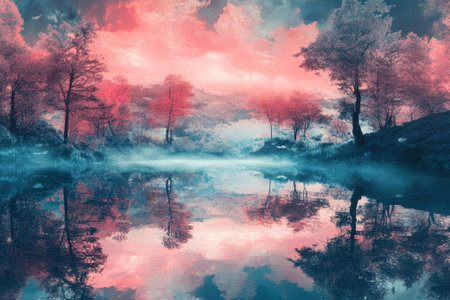A serene landscape showcases trees and vibrant colors reflected in calm water at sunset.の素材