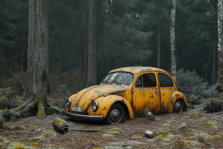 A vintage yellow car sits abandoned in a misty forest, partly covered by moss and surrounded by tall trees.の写真素材