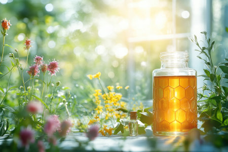 A jar of honey glows warmly as it sits among colorful flowers in a sunlit garden.の写真素材