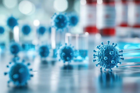 A close-up of a virus structure surrounded by laboratory glassware in a scientific research environment.の写真素材