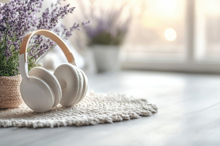 A pair of white headphones rests next to a lavender plant, illuminated by warm sunlight in a cozy room.の写真素材