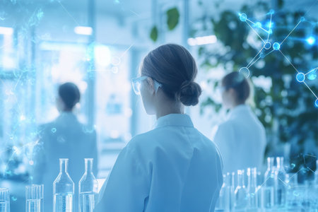 A researcher in a lab coat observes experiments while surrounded by various glass containers and digital displays.の写真素材