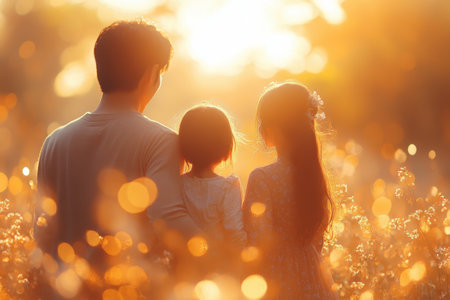 A father stands with his two daughters, admiring a beautiful sunset while surrounded by glowing flowers.の写真素材