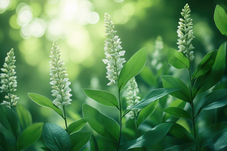 Tall white flowers rise gracefully among vibrant green leaves in the morning light.の写真素材