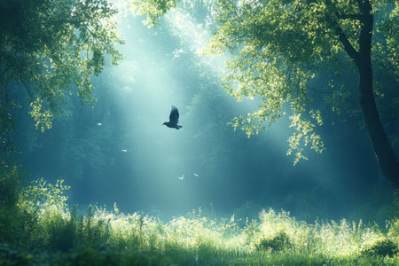 A bird flies gracefully in a tranquil forest illuminated by morning light.の写真素材