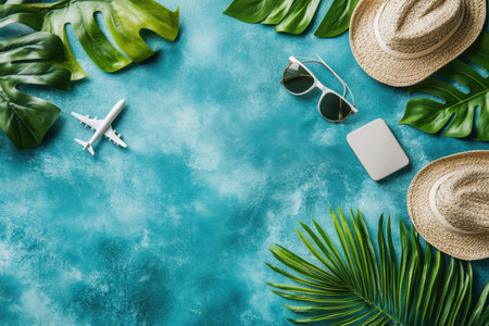 Travel accessories are arranged on a vibrant blue background, setting the mood for a tropical vacation.の写真素材
