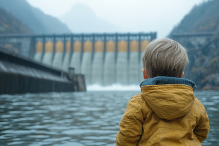 A young child stands by the water, captivated by the impressive dam and picturesque landscape.の写真素材
