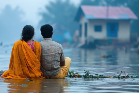 A couple sits closely together on the water's edge, surrounded by floodwaters and greenery.の写真素材
