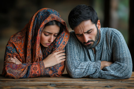A man and woman express deep emotion as they share a quiet moment, lost in reflection and togetherness.の写真素材