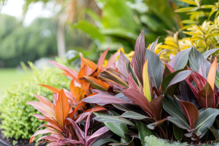 A garden filled with diverse plants showcases an array of vibrant colors and textures in the foliage.の写真素材
