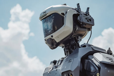 A sophisticated robot featuring modern headgear, showcasing technology against a clear blue sky with clouds.の写真素材