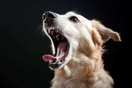 A golden retriever yawns widely, showing its teeth while relaxing in low light, capturing its playful nature.の写真素材