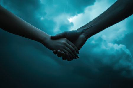 Two people hold hands tightly against a dark and stormy background, symbolizing unity and support.の写真素材