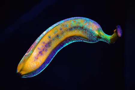 A banana floats in mid-air, illuminated with colorful light that highlights its vibrant features.の写真素材