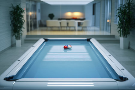 An indoor pool is showcased with colorful floating balls, surrounded by a spacious living area.の写真素材