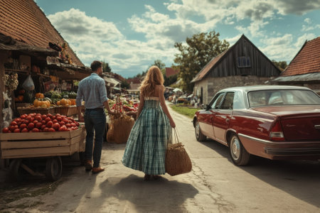 A couple walks hand in hand through a vibrant market filled with fresh produce and flowers under a bright sky.の写真素材