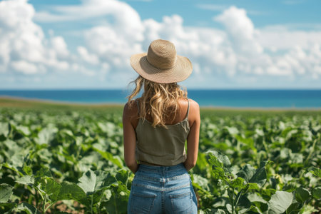 A woman stands in a field, facing the ocean under a bright sky, enjoying nature's beauty.の写真素材
