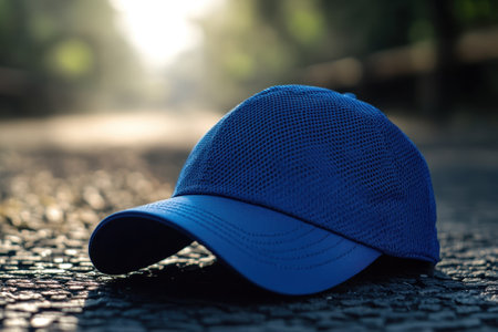 A casual blue cap lies on a cobblestone path, illuminated by warm sunlight during the evening hours.の写真素材