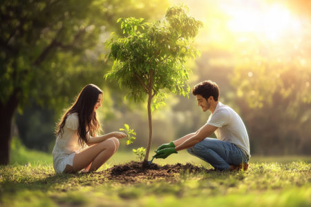 Two people work together to plant a young tree in a lush green park under the afternoon sunlight.の写真素材