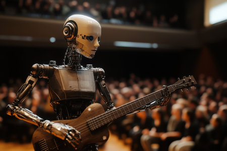A robot musician captivates the audience while playing an electric guitar at a concert in a large hall.の素材