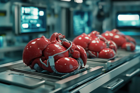 High-tech lab highlights various artificial hearts linked to monitoring systems, showcasing advanced medical research.の写真素材