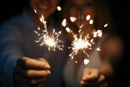Two joyful individuals hold sparklers, their faces illuminated by the light, celebrating a special moment at night.の写真素材