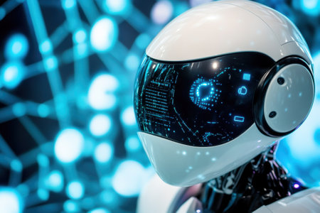 A close-up of a robot head with a futuristic design featuring glowing digital elements and circuits.の写真素材